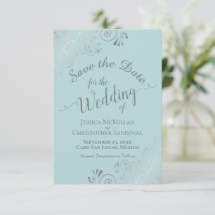 Elegante zilveren krullen & wervelingen Mint Blauw Save The Date