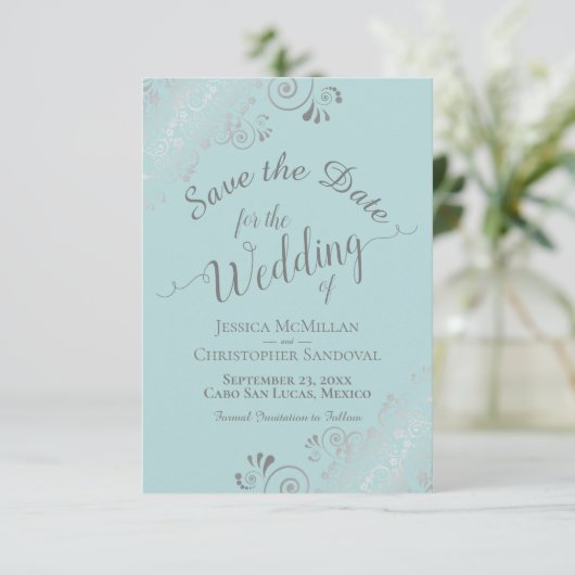 Elegante zilveren krullen & wervelingen Mint Blauw Save The Date (Staand voorkant)