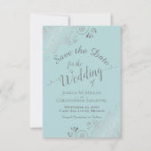 Elegante Zilveren Krullen & Wervelingen Mint Teal Save The Date (Voorkant)