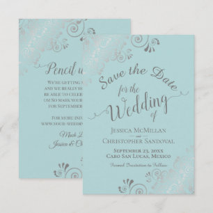Elegante Zilveren Krullen & Wervelingen Mint Teal  Save The Date