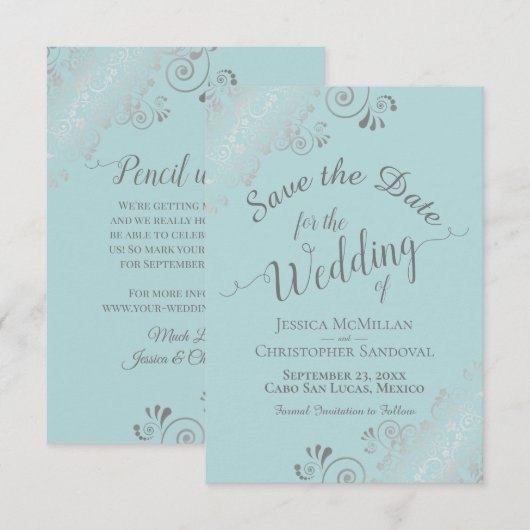 Elegante Zilveren Krullen & Wervelingen Mint Teal Save The Date (Voorkant / Achterkant)