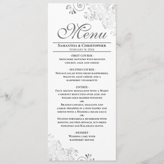 Elegante zilveren krullen & wervelingen op witte b menu (Voorkant)