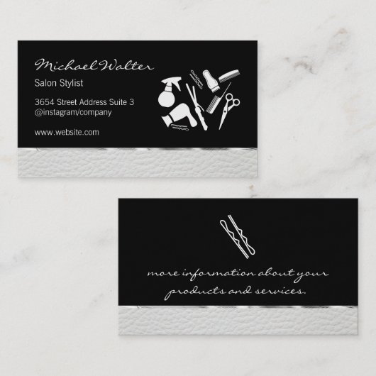 Elegante zilveren lederen bekleding salon stylist visitekaartje (Voorkant / Achterkant)