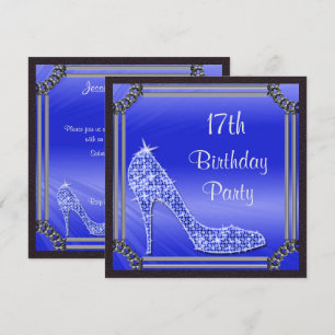 Elegante zilveren lijst blauwe stiletto 17e verjaa kaart
