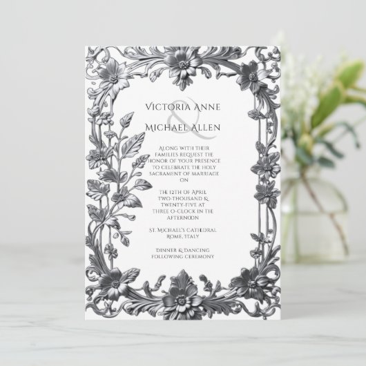 Elegante zilveren Lijst bruiloft Kaart (Staand voorkant)