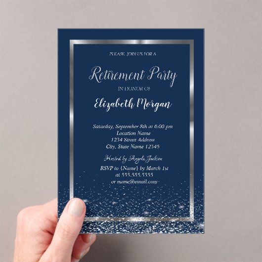 Elegante zilveren lijst Navy Confetti Pensioen Acryl Uitnodigingen (Insitu (Draagbaar))
