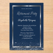 Elegante zilveren lijst Navy Confetti Pensioen Acryl Uitnodigingen (Voorkant)