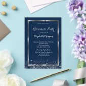 Elegante zilveren lijst Navy Confetti Pensioen Acryl Uitnodigingen (Insitu (Huwelijk))
