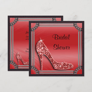 Elegante zilveren lijst rode stiletto bruidsdouche kaart