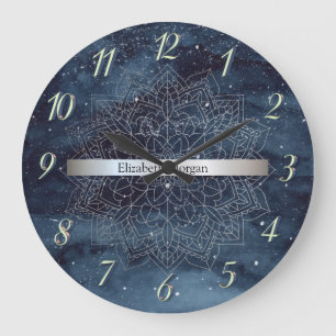 Elegante zilveren mandala streep marineblauw grote klok