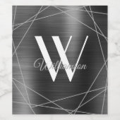 Elegante Zilveren Metalen Monogram Geometrische Na Wijn Etiket (Enkel label)