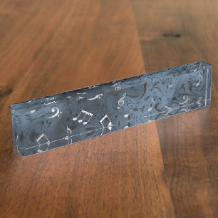 elegante zilveren muzieknoten in blauw naambordje