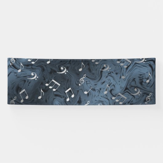 elegante zilveren muzieknoten in blauw spandoek (Horizontaal)