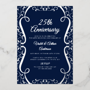 Elegante Zilveren Navy Swirl 25e bruiloft Jubileum Folie Uitnodiging