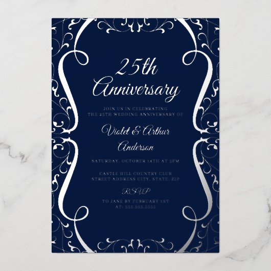 Elegante Zilveren Navy Swirl 25e bruiloft Jubileum Folie Uitnodiging (Voorkant)