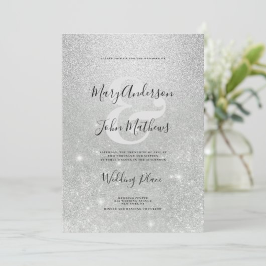 Elegante zilveren ombre glitter ampersand Bruiloft Kaart (Staand voorkant)