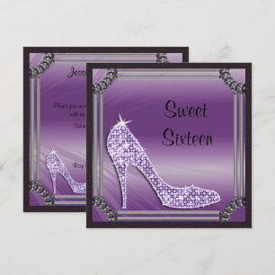Elegante Zilveren Omlijst Paarse Stiletto Sweet 16 Kaart