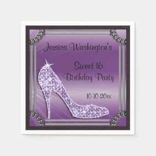 Elegante Zilveren Omlijst Paarse Stiletto Sweet 16 Servetten