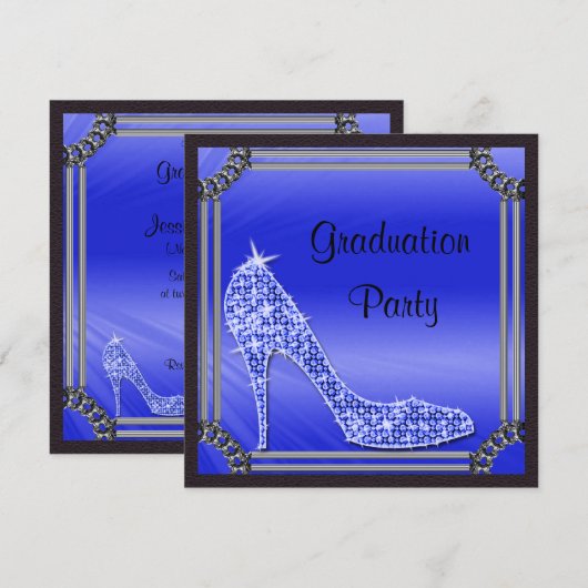Elegante zilveren omrande blauwe stiletto afstudee kaart (Voorkant / Achterkant)