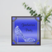 Elegante zilveren omrande blauwe stiletto afstudee kaart (Staand voorkant)