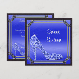Elegante zilveren omrande blauwe stiletto Sweet 16 Kaart