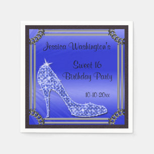 Elegante zilveren omrande blauwe stiletto Sweet 16 Servetten