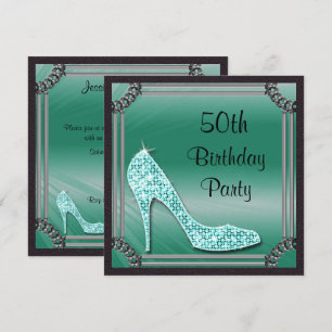 Elegante zilveren omrande turquoise stiletto 50e v kaart