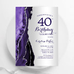 Elegante zilveren Paarse agaat 40e verjaardag Kaart<br><div class="desc">Paarse en zilveren agaat 40ste verjaardagsfeestuitnodiging. Elegant modern ontwerp met waterverf agaat marmeren geode achtergrond,  faux glitter zilver en typografie script lettertype. Trendy uitnodigingskaart perfect voor een stijlvol vrouwenfeest. Gedrukte Zazzle-uitnodigingen of direct download digitale afdrukbare sjabloon.</div>