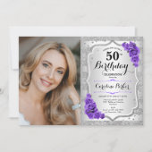 Elegante zilveren Paarse foto 50ste verjaardag Kaart (Voorkant)
