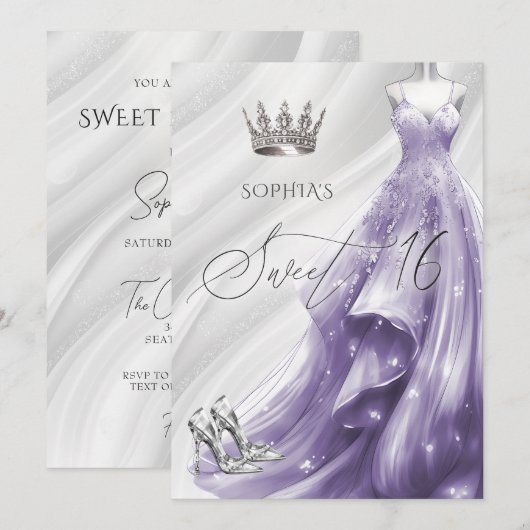 Elegante zilveren Paarse Sparkle Jurk Sweet 16 Kaart (Voorkant / Achterkant)