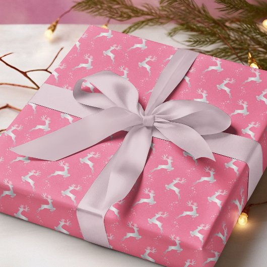 Elegante zilveren rendier roze kerstvakantie cadeaupapier