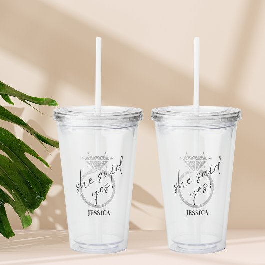 Elegante zilveren ring zei ze ja Verloving Acryl Drinkbeker