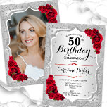 Elegante zilveren rode foto 50e verjaardag kaart<br><div class="desc">Elegante bloemenvrouwelijke 50e verjaardagsuitnodiging met je foto aan de achterkant van de kaart. Glam ontwerp met faux glitter zilver. Beschikt over zilveren strepen, rode rozen, script lettertype en confetti. Perfect voor een stijlvol volwassen feestje. Personaliseer met je eigen gegevens. Kan voor om het even welke leeftijd worden aangepast! Gedrukte Zazzle-uitnodigingen...</div>