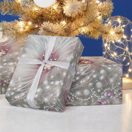 Elegante zilveren & rode kraal parel kerst bloemen cadeaupapier