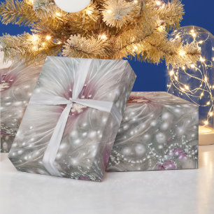 Elegante zilveren & rode kraal parel kerst bloemen cadeaupapier