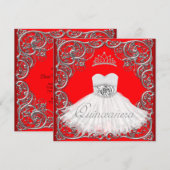 Elegante Zilveren Rode Quinceanera Uitnodigingen (Voorkant / Achterkant)