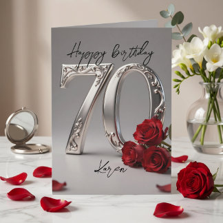 Elegante Zilveren Rode Roos Vrouwen 70e Verjaardag Kaart