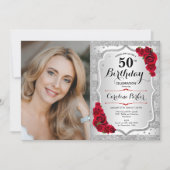 Elegante zilveren rode rozen foto 50e verjaardag kaart (Voorkant)