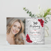 Elegante zilveren rode rozen foto 50e verjaardag kaart (Staand voorkant)