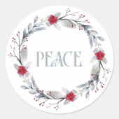 Elegante zilveren rode vredeskrans feestelijk ronde sticker (Voorkant)