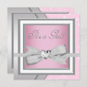 Elegante zilveren roze baby meisje douche kaart (Voorkant / Achterkant)
