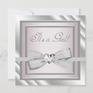 Elegante zilveren roze babyshower voor meisje kaart