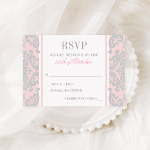 Elegante zilveren roze damast doopfeest voor babym RSVP kaartje