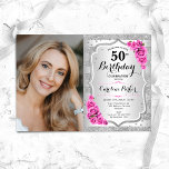 Elegante zilveren roze rozen foto 50e verjaardag kaart<br><div class="desc">Elegante bloemenvrouwelijke 50e verjaardagsuitnodiging met uw foto. Glam ontwerp met faux glitter zilver. Met strepen,  roze rozen,  script lettertype en confetti. Perfect voor een stijlvol volwassen feestje. Personaliseer met je eigen gegevens. Kan voor om het even welke leeftijd worden aangepast! Gedrukte Zazzle-uitnodigingen of direct download digitale afdrukbare sjabloon.</div>