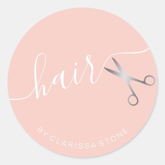 Elegante zilveren roze schaar haarstylist ronde sticker (Voorkant)