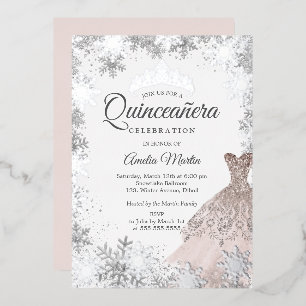 Elegante Zilveren Roze Winter Sneeuwvlok Quinceane Folie Uitnodiging