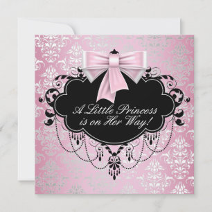 Elegante zilveren roze zwarte prinses baby shower kaart