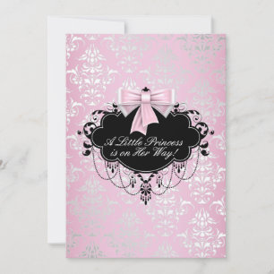 Elegante zilveren roze zwarte prinses baby shower kaart