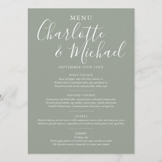 Elegante Zilveren Salie Signature Trouwmenu Menu (Voorkant)