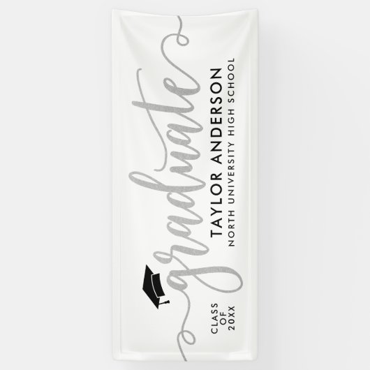 Elegante Zilveren Script Afgestudeerd Wit Spandoek (Verticaal)